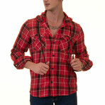 Small Plaid Hooded Flannel // Red + Black + White (M)