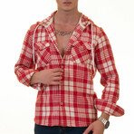 Plaid Pattern Hooded Flannel // Red + White (M)