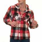 Checkered Pattern Hooded Flannel // Black + White + Red + Dark Red (L)