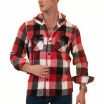 Checkered Pattern Hooded Flannel // Black + White + Red + Dark Red (XS)