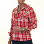 Plaid Pattern Hooded Flannel // Red + White (M)