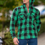 Checkered Pattern Hooded Flannel // Black + Green (S)