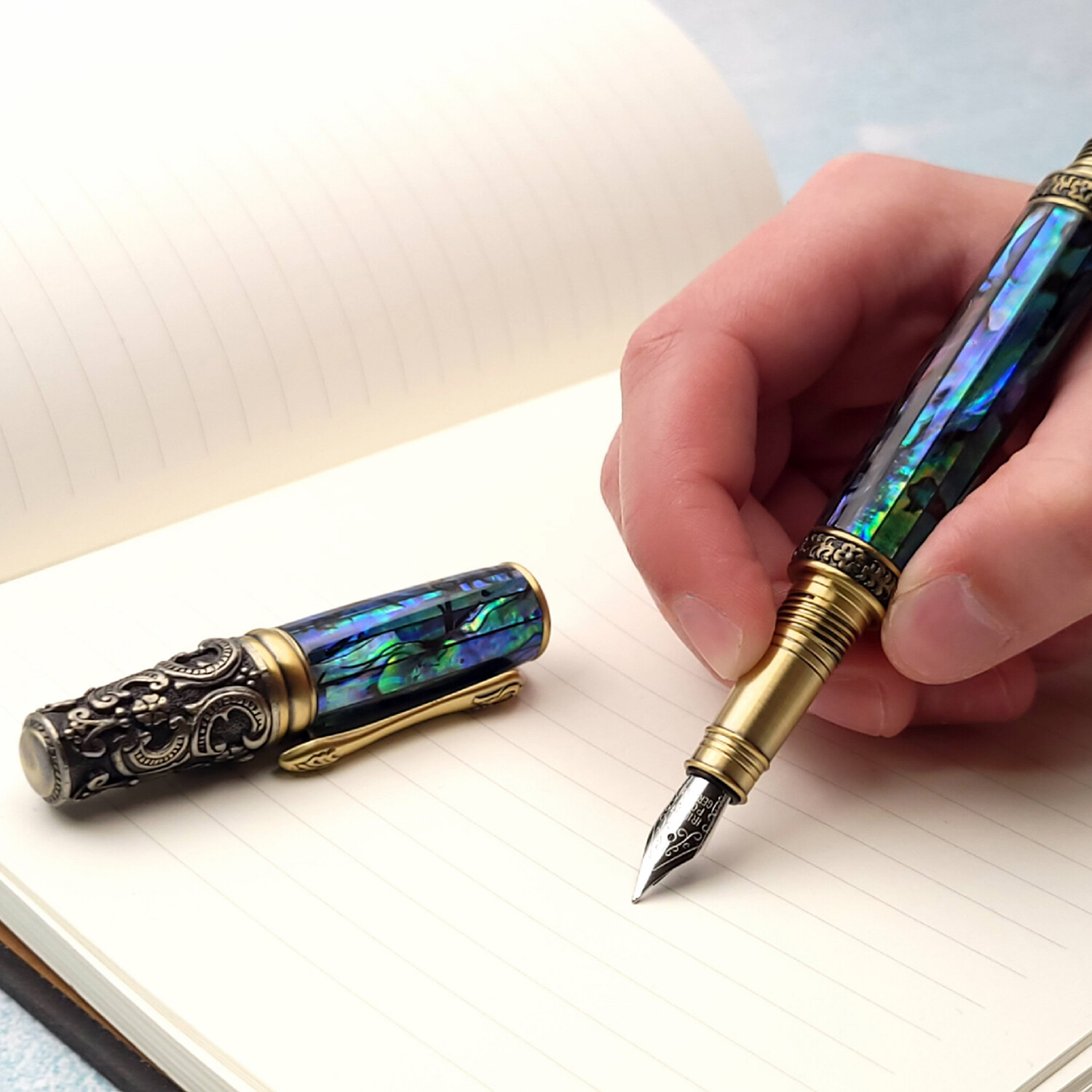 Queenstown Abalone Shell Fountain Pen // Antique Brass Woodnotch