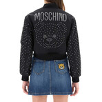 Crystal Teddy Bear Nylon Bomber Jacket // Black + Swarovski (XXS)