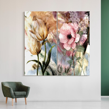 Pastel Fleur I & II Frameless // Free Floating Reverse Printed Tempered Glass Wall Art // Set of 2