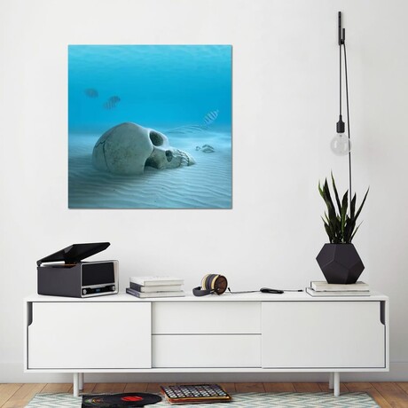 Skull On Sandy Ocean Bottom With Small Fish Cleaning Some Bones by Johan Swanepoel (18"H x 18"W x 0.75"D)