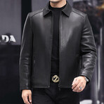 Lapel Collar Leather Jacket // Black (XL)