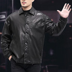 Button-Up Leather Blazer // Black (3XL)