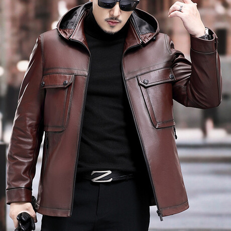 Hooded Leather Jacket // Brown (M)
