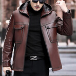 Hooded Leather Jacket // Brown (4XL)