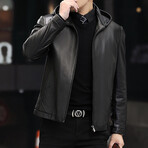 Hooded Zip-Up Leather Jacket // Black (4XL)