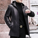 Hooded + Duck Down Leather Coat // Black (XL)