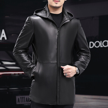 Fit Hooded  + Duck Down Leather Coat // Black (M)