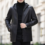 Hooded Zip-Up Leather Blazer // Black (XL)