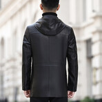 Hooded Zip-Up Leather Blazer // Black (M)