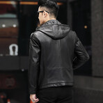 Hooded Zip-Up Leather Jacket // Black (3XL)