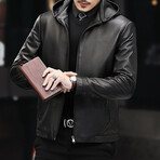 Hooded Zip-Up Leather Jacket // Black (L)
