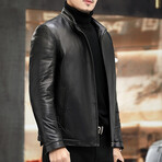Hooded Zip-Up Leather Jacket // Black (XL)