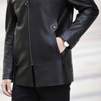 Hooded Zip-Up Leather Blazer // Black (4XL)