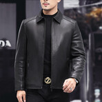 Lapel Collar + Duck Down Leather Jacket // Black (3XL)