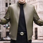 Racer Leather Jacket with Duckdown Lining // Green (3XL)