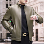 Racer Leather Jacket with Duckdown Lining // Green (L)