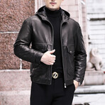Hooded Biker + Duck Down Leather Jacket // Black (2XL)