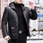 Hooded Utility Puffer + Duck Down Leather Jacket // Black (L)