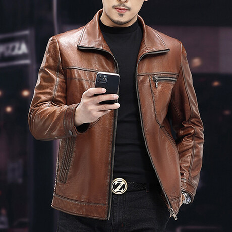 Racer Leather Jacket with Duckdown Lining // Light Brown (M)