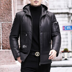Hooded Utility Puffer + Duck Down Leather Jacket // Black (L)