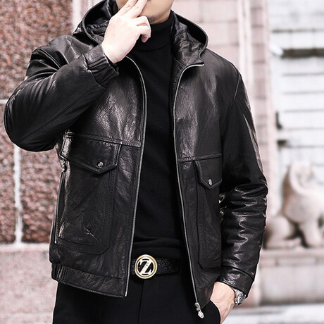 Hooded Biker + Duck Down Leather Jacket // Black (M)