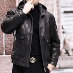 Hooded Biker + Duck Down Leather Jacket // Black (4XL)