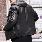 Hooded Biker + Duck Down Leather Jacket // Black (XL)