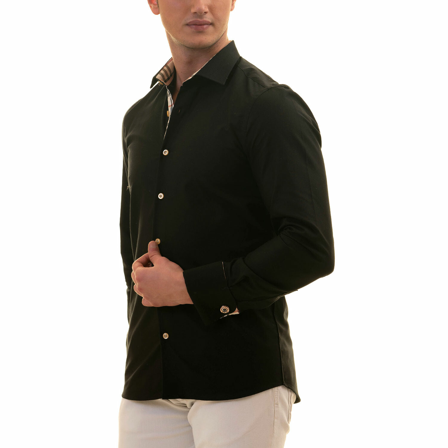 Contrast Pattern French Cuff Dress Shirt // Black + Tan + Multi (XL ...