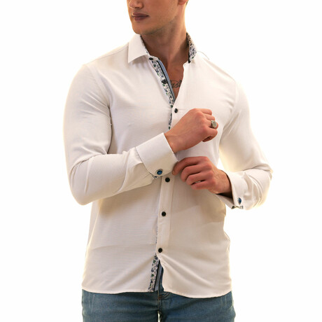 Floral Lined French Cuff Dress Shirt // White + Blue (S)