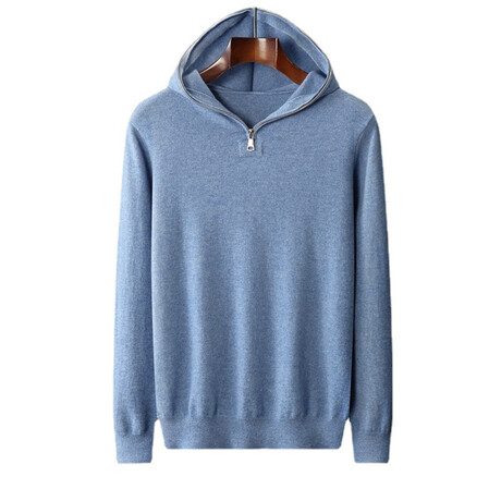 Zip-Hooded Neck Cashmere Sweater // Light Blue (S)