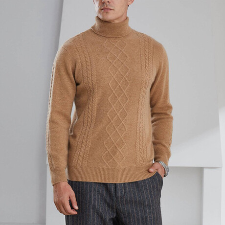 Cable Knit Turtleneck Cashmere Sweater // Tan (S)