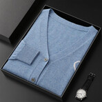 Button Up V-Neck Cashmere Sweater // Light Blue (S)