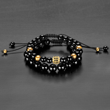Onyx Stones + Gold Plated Steel Beads Adjustable Bracelets // Set of 2 // 8"