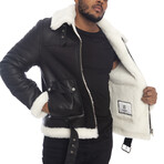 Shearling Belted Pilot Jacket // Silky Black with White Curly Wool (XS)