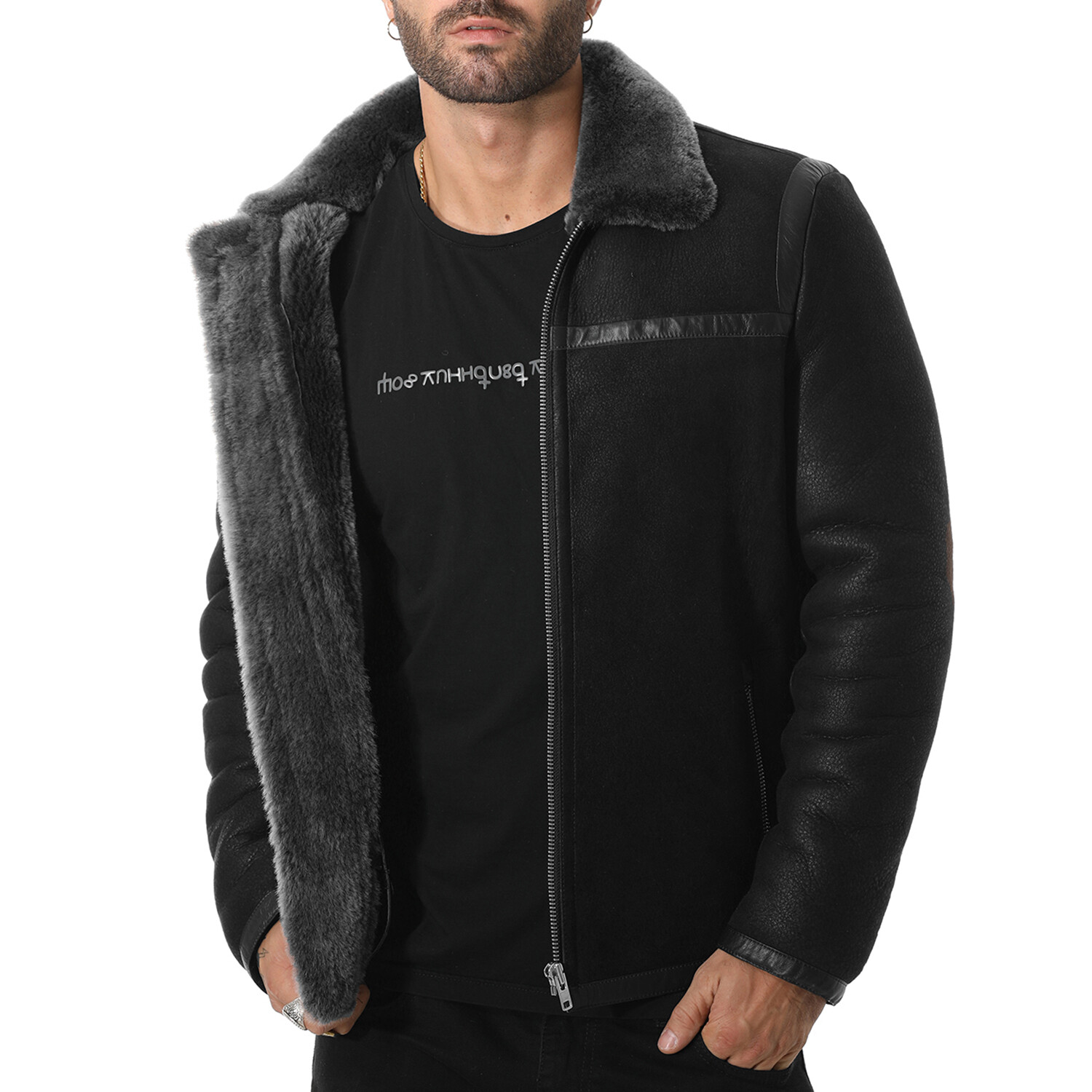 Leather Banded Sheepskin Casual Jacket // Washed Black with Brissa Wool ...