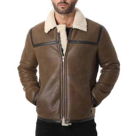 Leather Banded Sheepskin Casual Jacket // Vintage Camel with Beige Curly Wool (XS)