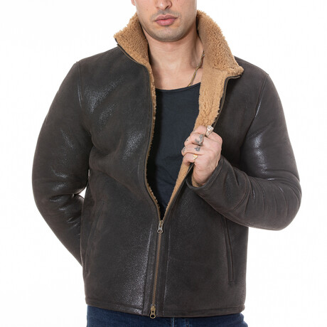 Shearling Casual Jacket // Vintage Brown with Ginger Curly Wool (XS)