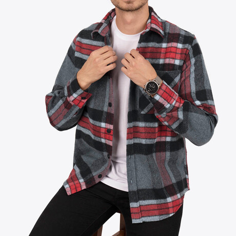 Trevor Oversize Flannel Shirt // Gray + Red (S)