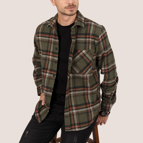 Kane Oversize Flannel Shirt // Olive + Orange (S)