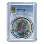 1995 1 oz American Silver Eagle // Blue Sunburst Toning // PCGS Certified MS67 // Deluxe Collectors Pouch