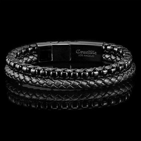Polished Black Plated Stainless Steel Box Chain + Leather Cuff Bracelet // 8.5"