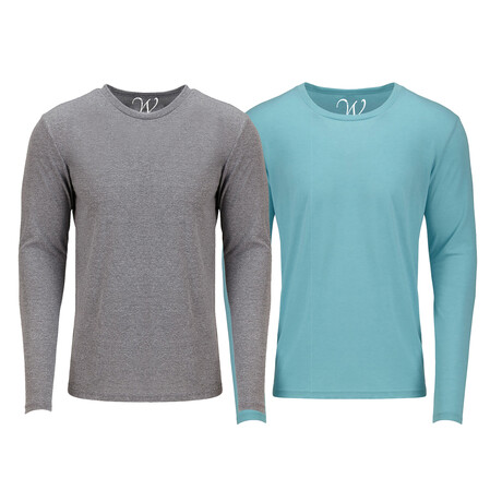 Pack of 2 // Ultra Soft Sueded Semi-fitted Crewneck Long Sleeve // Heather Grey + Turquoise (S)