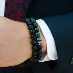 Skull + Matte Onyx + Green Tiger Eye Stone Stretch Bracelets // Set of 2 // 8.25"