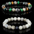 Skull + Labradorite + Moss Agate + Onyx + Green Tiger Eye + Tiger Eye Bracelets // Set of 2 // 8"